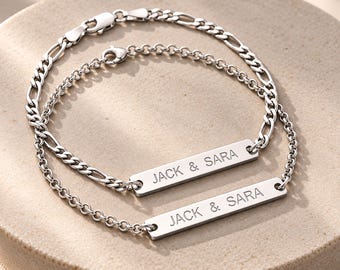 Couple Bracelet Set, His and Hers Matching Bracelet, Engraved Sterling Silver