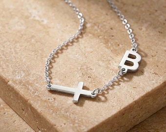 Sideways Cross Initial Necklace, Sterling Silver