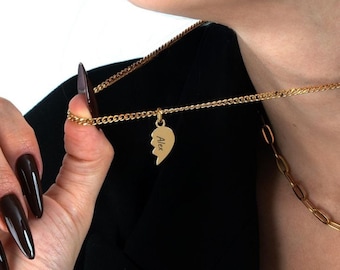 Matching Couple Necklace Set Broken Heart, Cuban Chain