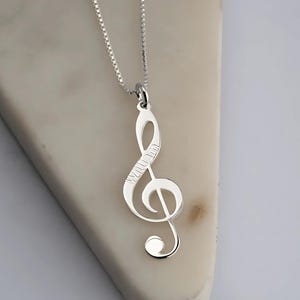 Music Note Name Necklace - Sterling Silver Treble Clef Pendant - Custom Musician Jewelry - Personalized Gift for Music Lover