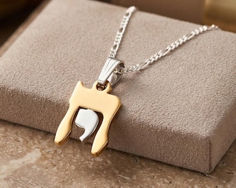 Hebrew Chai Necklace, Two Tone Sterling Silver & Gold Plated