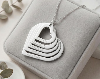 Mom Necklace with Kids Names - Engraved Multi Heart Pendants, Sterling Silver