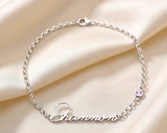 Custom Name Bracelet with Birthstone, Sterling Silver