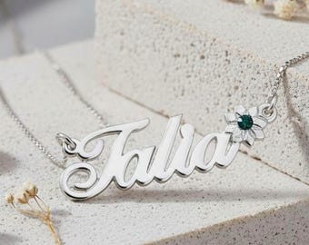 Birthstone Flower Name Necklace Sterling Silver