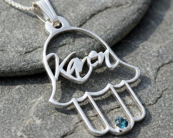 Birthstone Hamsa Necklace, Sterling Silver Hand of Fatima Pendant