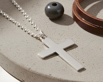 Classic Sterling Silver Mens Cross Necklace: Rolo Chain