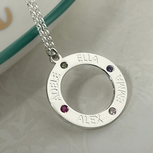 Collar circular para madres con nombres de varios niños y piedras de nacimiento en plata de ley. Regalo para el Día de la Madre para mamá. Joyería personalizada para abuelas.