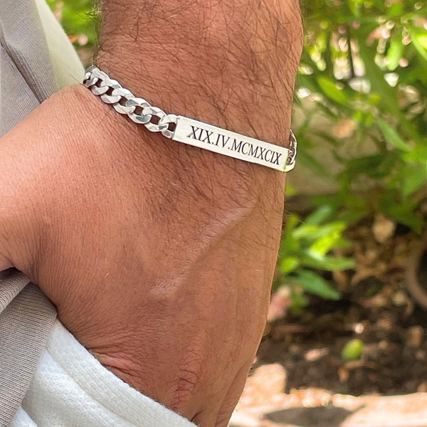 Personalized Mens Cuban Link Bar Bracelet - Laser Engraved a Secret Message - 925 Sterling Silver - Best Valentines Day Gift for Him