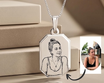 Custom Photo Dog Tag Necklace, Sterling Silver Engraved Picture Pendant