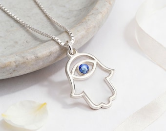 Hamsa Evil Eye Necklace Sterling Silver - Birthstone Hand Pendant