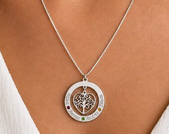 Family Tree of Life Necklace with Kids Names & Birthstones, Sterling Silver