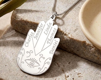 Personalized Hamsa Necklace with Names, Sterling Silver Evil Eye Pendant