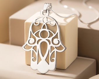 Hamsa Necklace, Sterling Silver Hand of Fatima Pendant