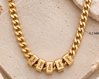 Gold Cuban Chain Family Necklace with Engraved Name Beads