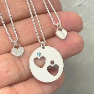 Birthstone Mother Daughters Necklace Set - Sterling Silver Heart Puzzle Jewelry | Personalized Family Gift for Mothers Day