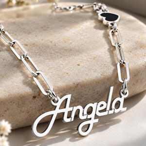 Script Name Necklace Sterling Silver, Paperclip Chain with Black Enamel Heart Charm