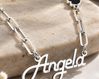 Paperclip Name Necklace with Black Heart, Sterling Silver