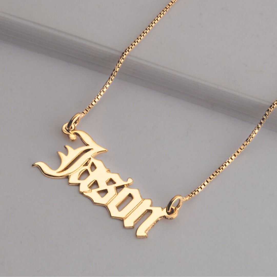14K Gold Name Necklace Old English Pendant 2grams Gold Box Chain Real Yellow/white Gold Handmade