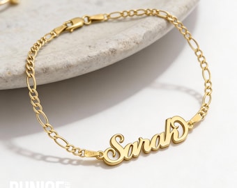 Custom Name Bracelet Sterling Silver, Figaro Chain, Carrie Font