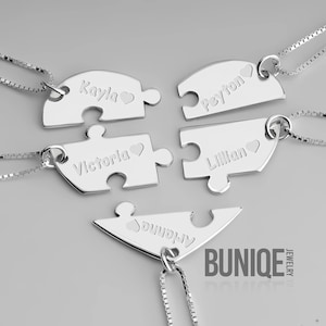 Heart Puzzle Piece Necklaces Sterling Silver Set of Five - Matching Sisters Necklace - Personalized Friendship Jewelry Gift for Best Friends