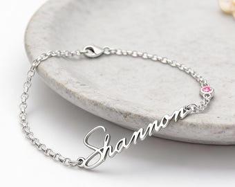 Custom Name Bracelet with Birthstone, Sterling Silver