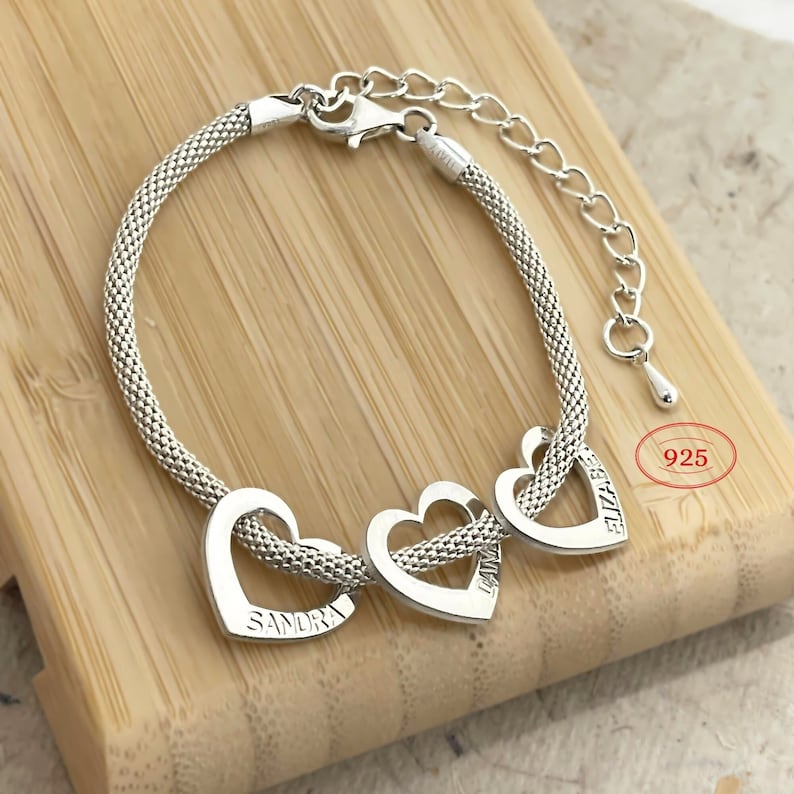 Mom Bracelet with Kids Names, Sterling Silver Heart Charm Jewelry - Grandkids Grandma Family Gift image 1