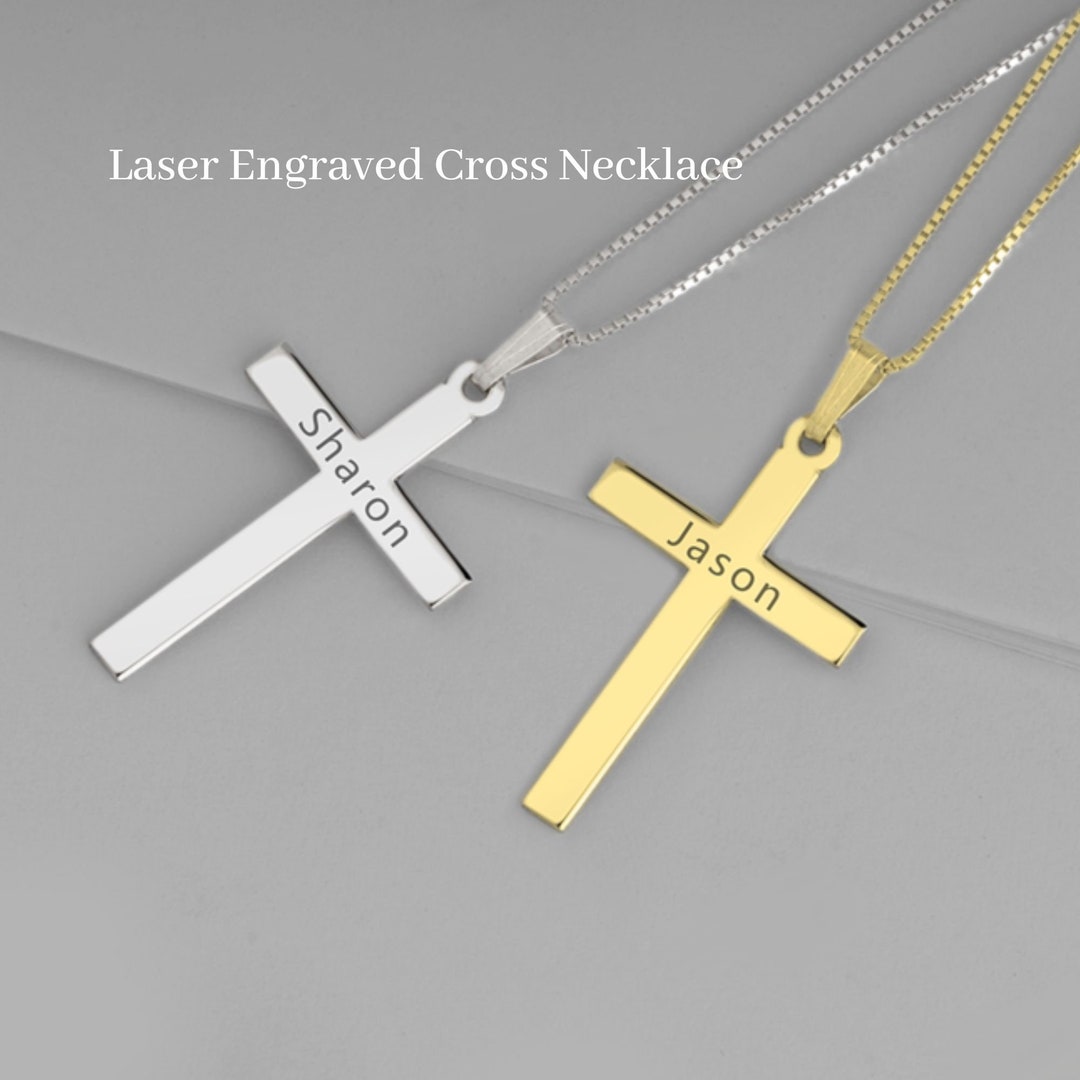 Engraved Cross Necklace 925 Sterling Silver or 24K Gold Plated Custom