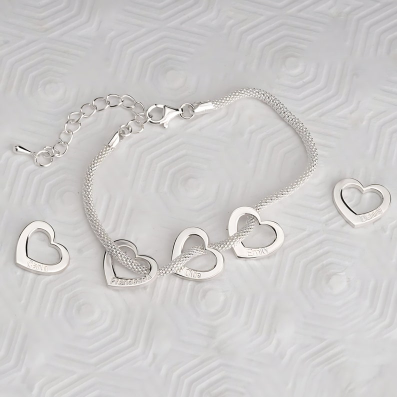 Mom Bracelet with Kids Names, Sterling Silver Heart Charm Jewelry - Grandkids Grandma Family Gift image 2