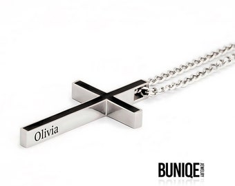 Mens Cross Necklace 3D Custom Engraved 2 Sided