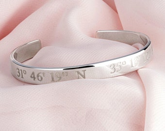 Coordinates Cuff Bracelet 925 Sterling Silver - Adjustable Bangle 8mm Wide - Custom Engraved Wristband - Gift for Boyfriend or Girlfriend