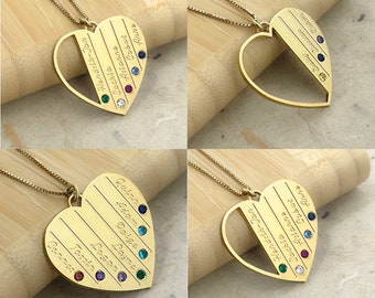 Personalized Mom Jewelry: Heart Necklace with Kids Names & Birthstones