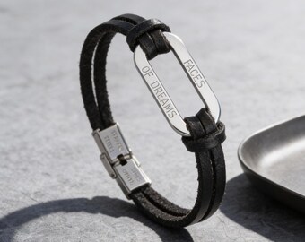 Men's Leather Bracelet Engraved Sterling Silver Bar