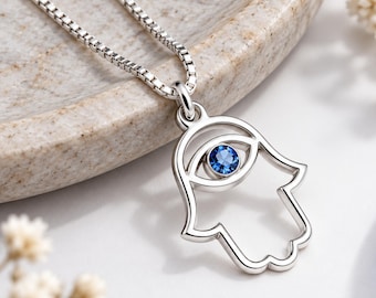 Hamsa Hand Necklace, Sterling Silver Evil Eye Birthstone