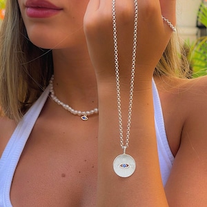 Birthstone Evil Eye Necklace Sterling Silver - Custom Engraved Circle Pendant - Personalized Protection Jewelry Gift for Her