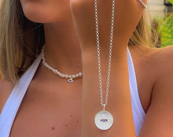 Evil Eye Necklace for Women-Sterling Silver Greek Eye Pendant with Blue Eye Stone-14K Gold or Rose Gold Plated-Third Eye Protection Jewelry