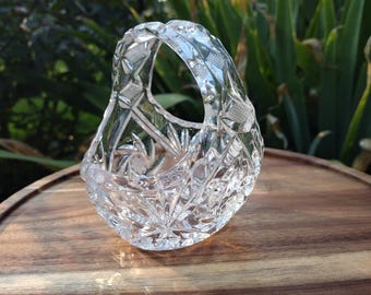 Vintage Crystal Glass Basket with Geometric and Starburst Patterns 4”x3”x5