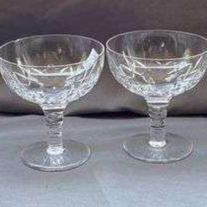 Six Crystal Champagne Coupes with Cut Glass Detailing, 4”H