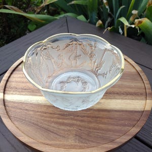 Vintage Clear Pressed Glass Bowl with Raised Floral Design and Gold-Toned Rim