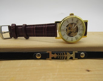 LEIYI genuine leather band golden automatic gears watch & bracelet set