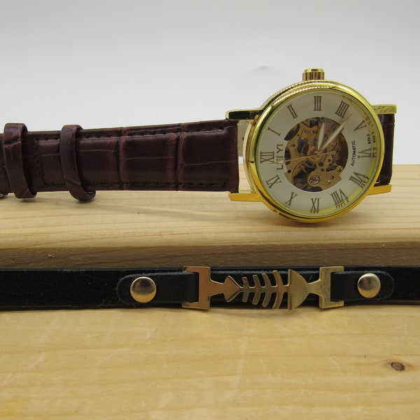 LEIYI genuine leather band golden automatic gears watch & bracelet set