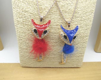 Lot of 2 vintage rhinestone faux fur fox pendant necklaces