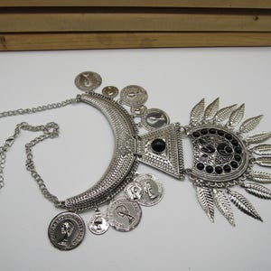 Vintage silver tone coin bib necklace