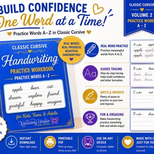 May include: A blue spiral-bound handwriting practice workbook titled Classic Cursive Handwriting Practice Workbook for Kids, Teens, & Adults. The cover features cursive words like apple, bear, and cat. The page includes icons for tracing, writing, and printing.
