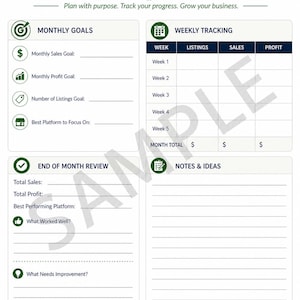 Puede incluir: Una página imprimible de planificador de metas y notas para revendedores con fondo blanco y detalles en verde. El planificador incluye secciones para metas mensuales, seguimiento semanal, revisión de fin de mes y notas e ideas. El texto incluye "Reseller Goals & Notes".