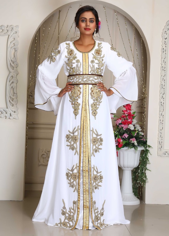 White Color Moroccan Kaftan Dress Embroidered Designer Wedding - Etsy