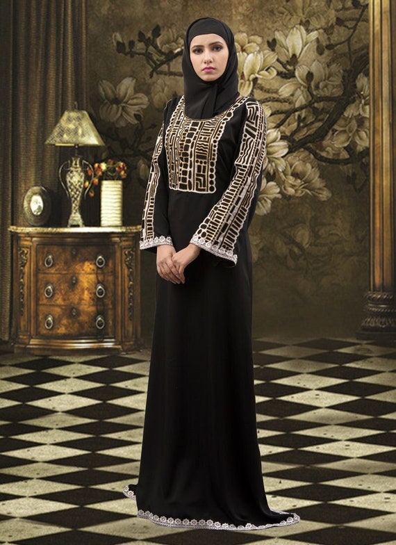 Thread Work Abaya Black Color Abaya Embroidery Modest Maxi Dress