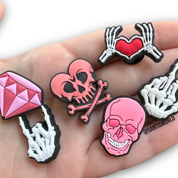 Skeleton fingers croc charms, skull hands, spooky girly rocker charms, accessories for crocs, pink rock, trending croc charms