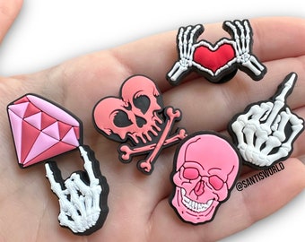 Skeleton fingers croc charms, skull hands, spooky girly rocker charms, accessories for crocs, pink rock, trending croc charms