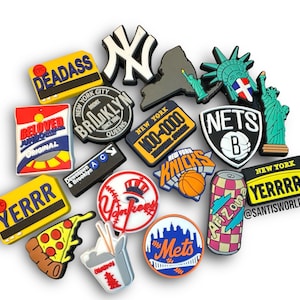 NYC  popular croc charms, New York City shoe charms, Statue of Liberty, metro card, mets, yankees, arizona, pizza, seeds, takeout, NYC pack