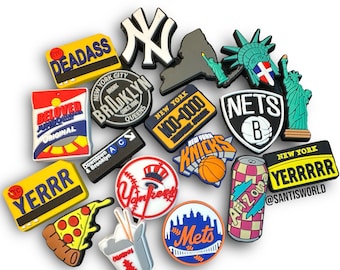 NYC  popular croc charms, New York City shoe charms, Statue of Liberty, metro card, mets, yankees, arizona, pizza, seeds, takeout, NYC pack